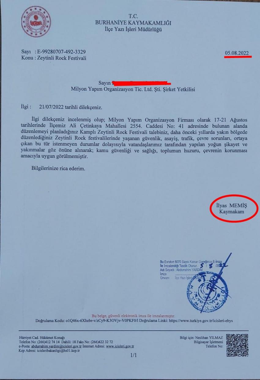 BURHANİYE ZEYTİNLİ ROCK FESTİVALİNE İZİN ÇIKMADI